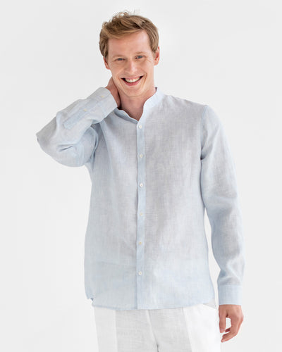 Men's linen band collar shirt BONAIRE in Pinstripe blue - sneakstylesanctums
