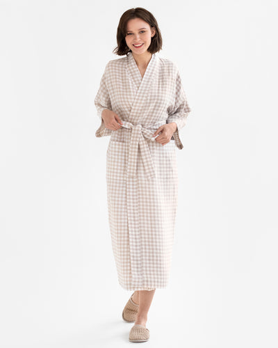 Linen robe MAJORCA in Natural gingham - sneakstylesanctums