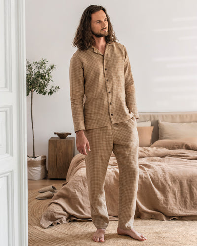 Men's linen loungewear set MONTEREY in Brown windowpane - sneakstylesanctums