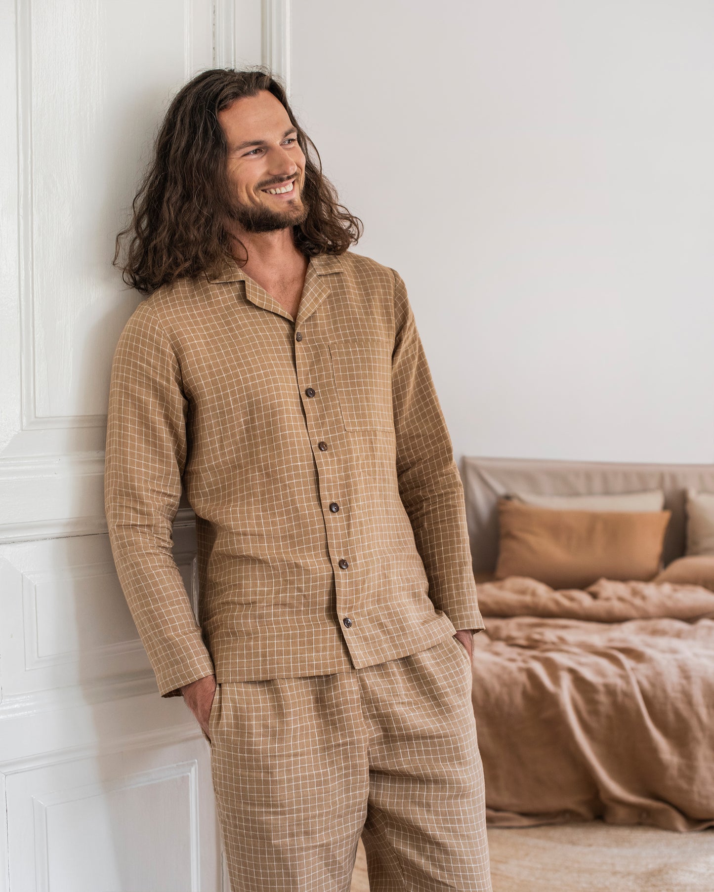 Men's linen loungewear set MONTEREY in Brown windowpane - sneakstylesanctums