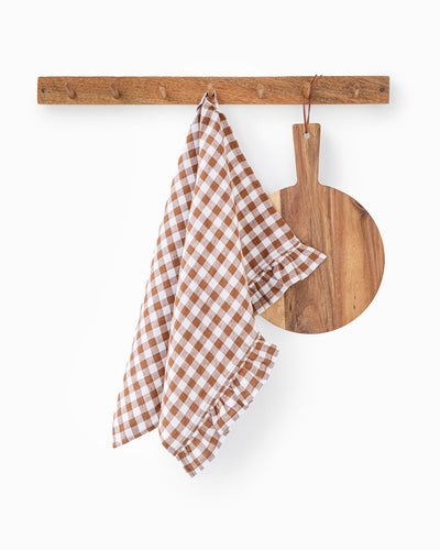 Ruffle trim linen tea towel in Cinnamon gingham - sneakstylesanctums