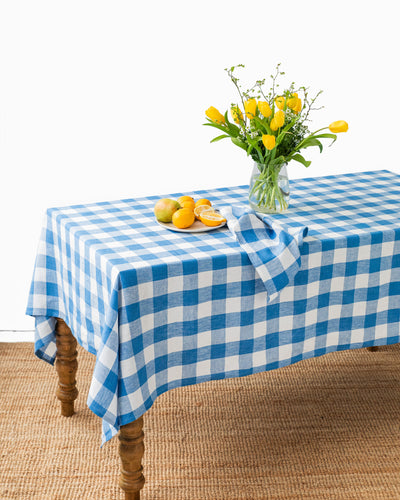 Cobalt blue gingham linen tablecloth - sneakstylesanctums