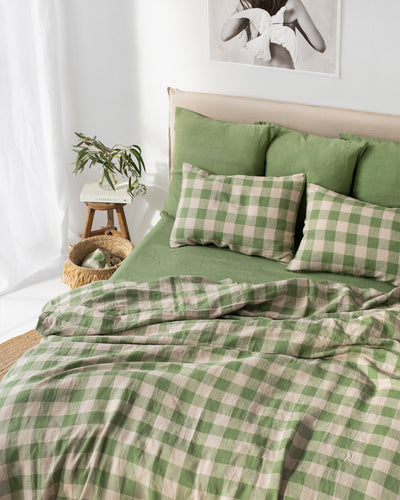 Forest green gingham linen flat sheet | sneakstylesanctums