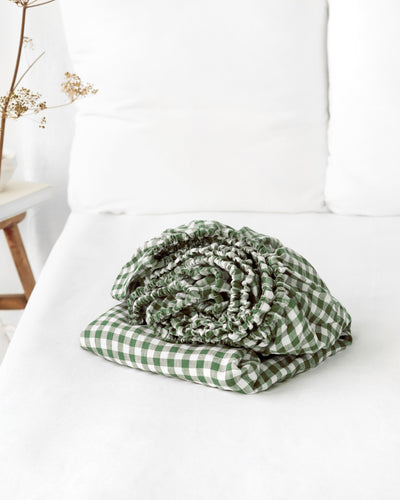 Forest green gingham linen fitted sheet - sneakstylesanctums