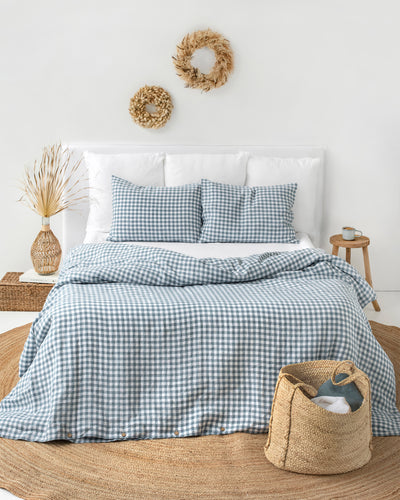Gray blue gingham linen fitted sheet - sneakstylesanctums