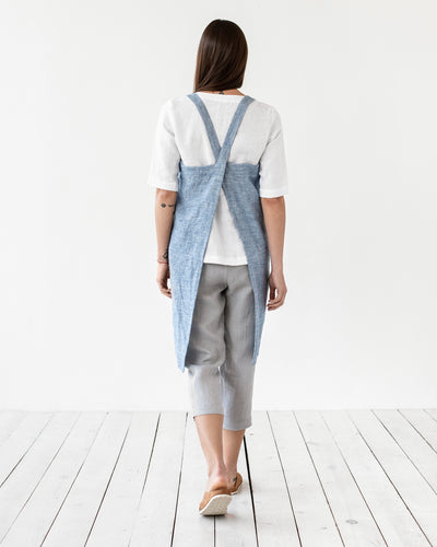 Japanese cross-back linen apron in Blue melange - sneakstylesanctums