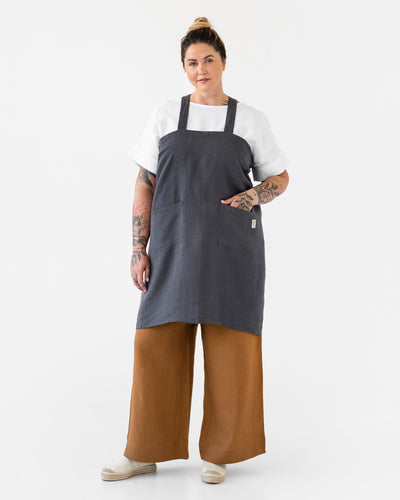 Pinafore cross-back linen apron in Charcoal gray | sneakstylesanctums