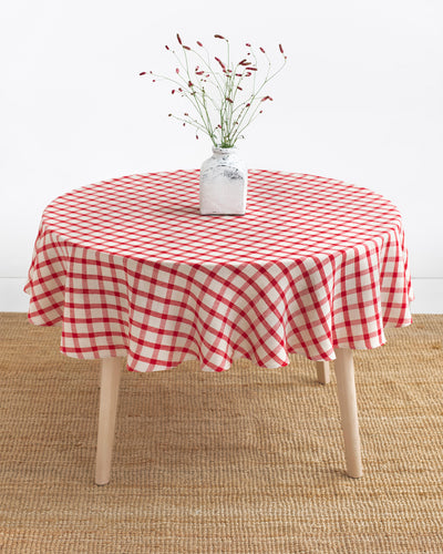 Round linen tablecloth in Red gingham - sneakstylesanctums