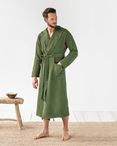 Men's waffle linen robe in Forest green - sneakstylesanctums