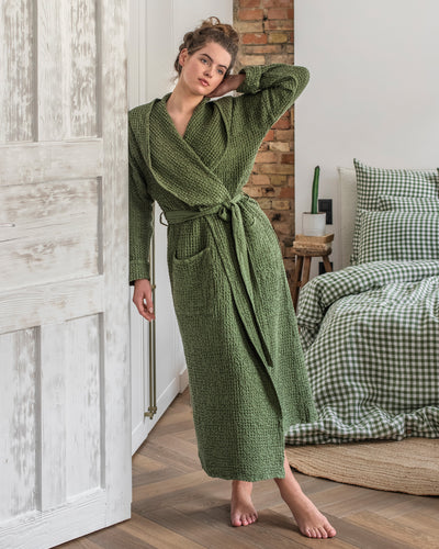 Women's waffle robe in Forest green - sneakstylesanctums