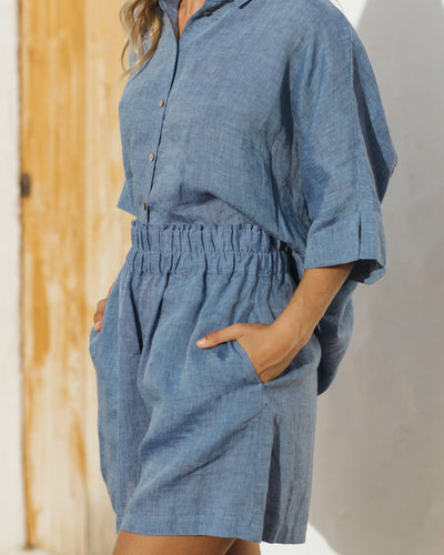 High waisted linen shorts CUENCA in Denim chambray - sneakstylesanctums
