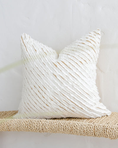 Decorative linen pillow cover with striped fabric in White & Sandy beige - sneakstylesanctums