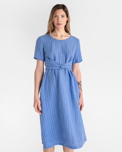 Midi wrap linen dress MANILA in Blue stripes - sneakstylesanctums modelBoxOn