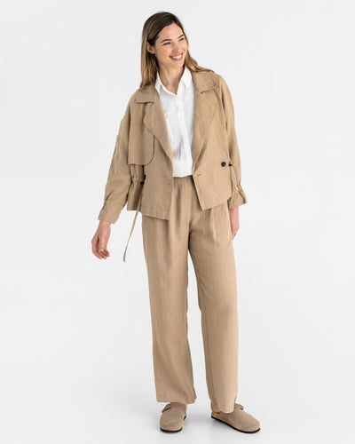 Cropped linen trench coat OBAN in Wheat - sneakstylesanctums modelBoxOn