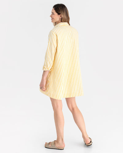 Long linen shirt WANAKA in Yellow stripes - sneakstylesanctums modelBoxOn