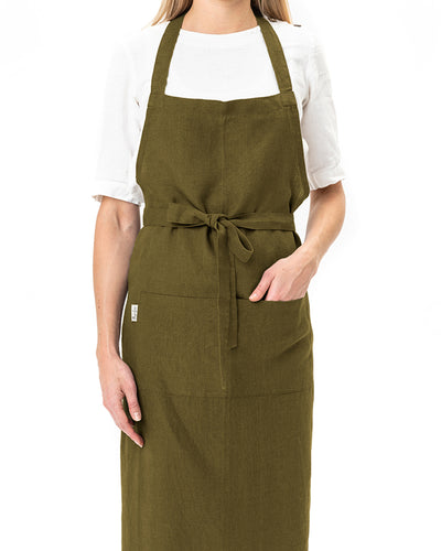 Linen bib apron in Olive green - sneakstylesanctums