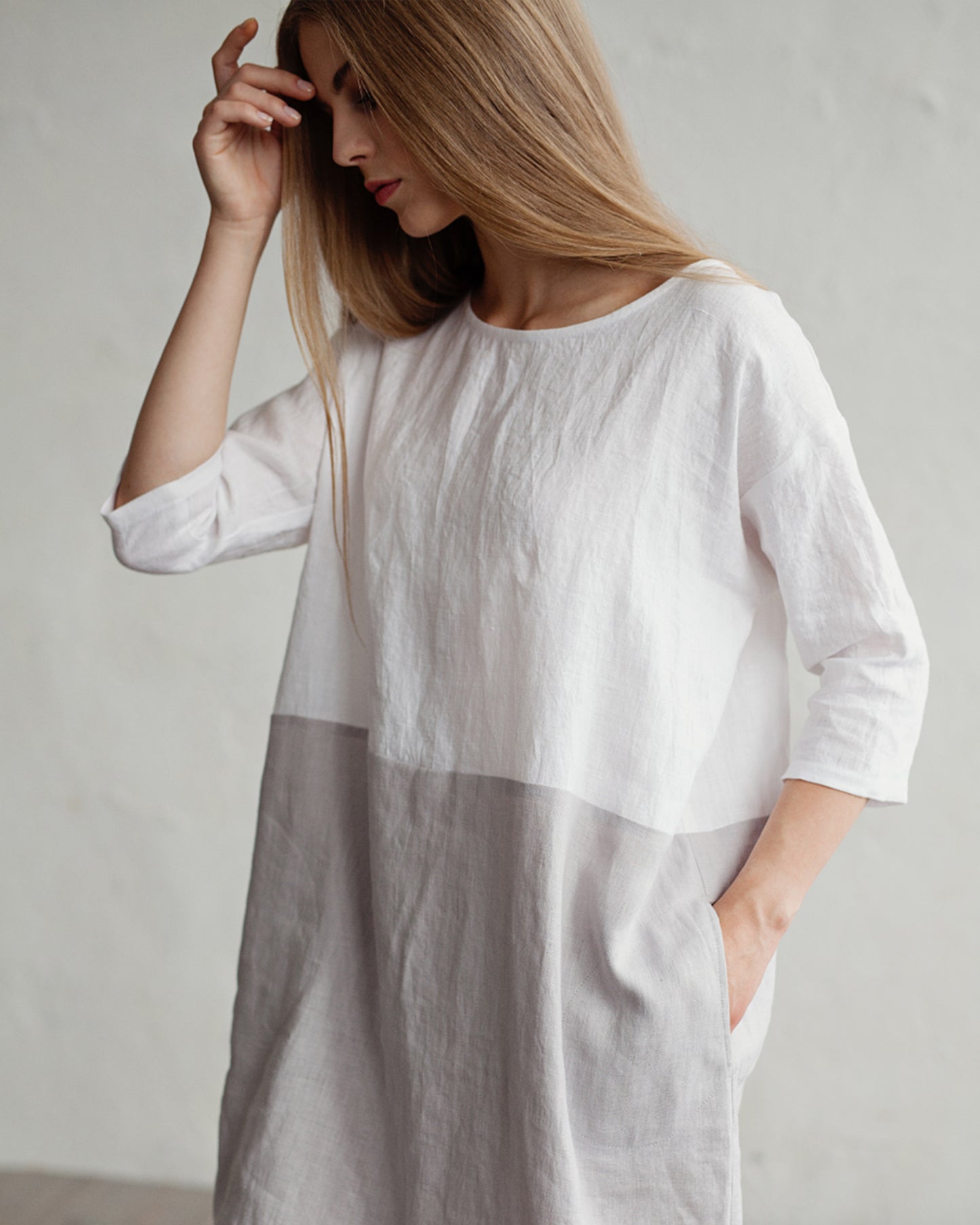 Color-block linen dress ADRIA in white-gray - sneakstylesanctums