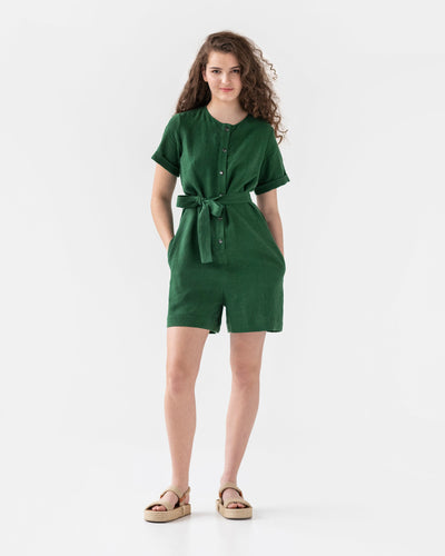 Linen romper AVALON with short sleeves in green - sneakstylesanctums