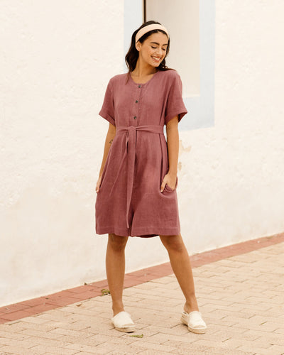 Linen romper AVALON with short sleeves in plum - sneakstylesanctums