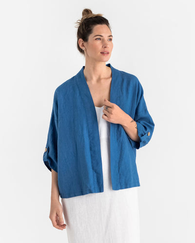 Linen kimono jacket BANOS in Cobalt blue - sneakstylesanctums modelBoxOn
