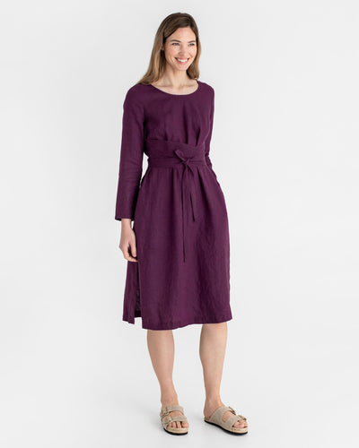 Long sleeve linen wrap dress BIEI in Royal purple - sneakstylesanctums modelBoxOn