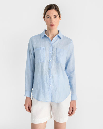 Long-sleeved linen shirt CALPE in Sky blue - sneakstylesanctums modelBoxOn