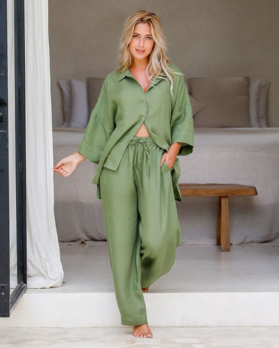 Linen pajama set AVEIRA in Forest green - sneakstylesanctums