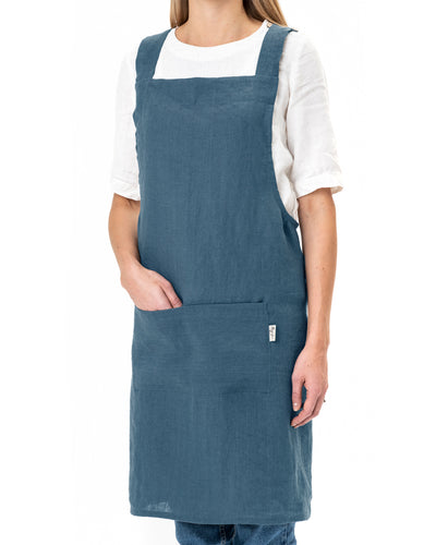 Pinafore cross-back linen apron in Gray blue - sneakstylesanctums