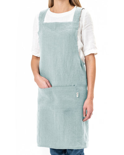 Pinafore cross-back linen apron in Dusty blue - sneakstylesanctums
