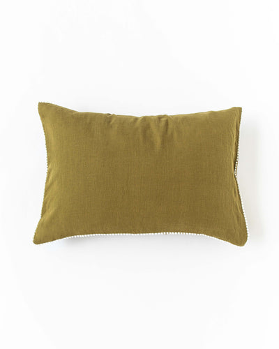 Pom pom trim linen pillowcase in Olive green - sneakstylesanctums