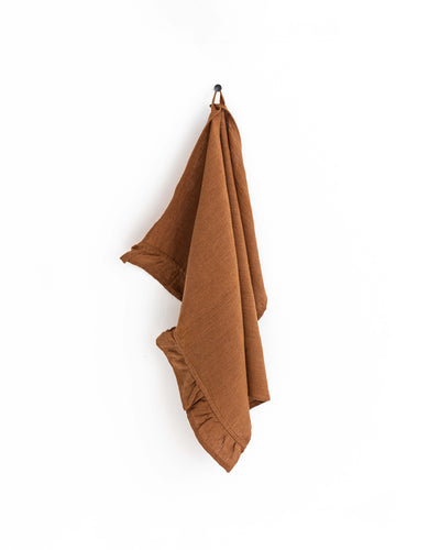 Ruffle trim linen tea towel in Cinnamon - sneakstylesanctums